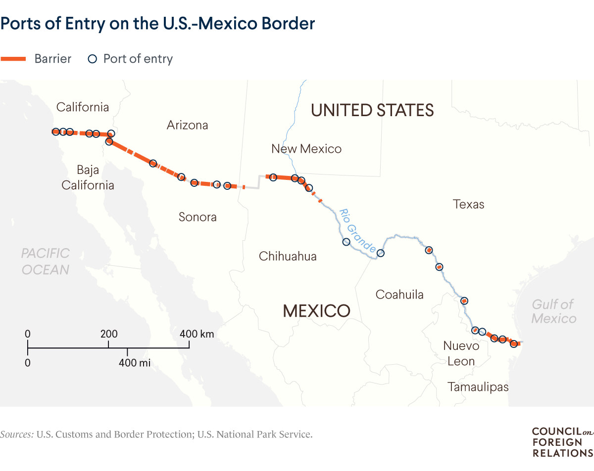 A map of the U.S.-Mexico border, including barriers and ports of entry, showing that barriers have been constructed along most of the western part of the border.