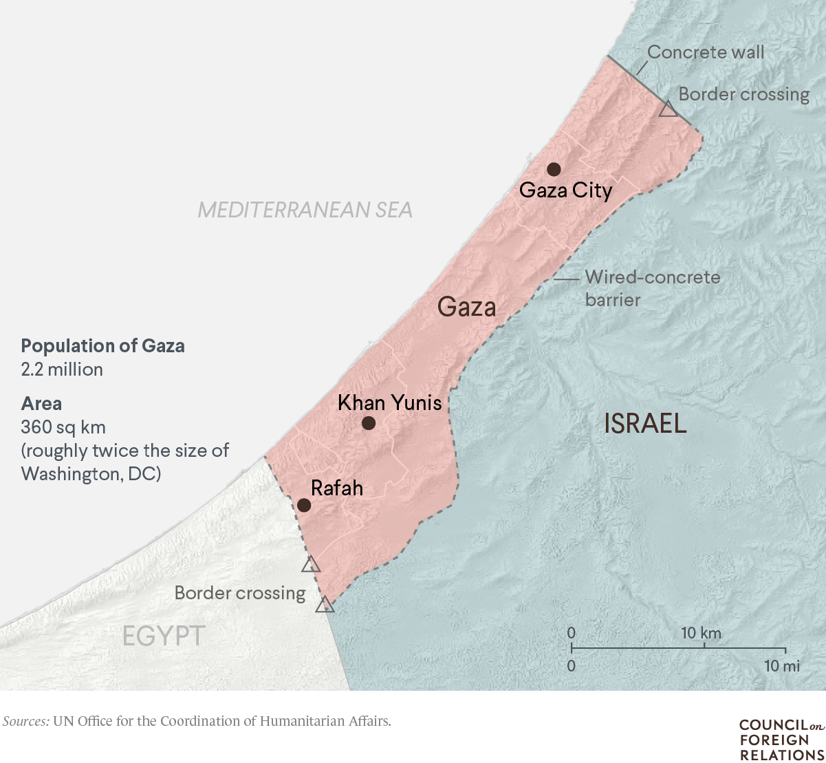A Gaza map showing major cities, border crossings and data on population size and total area