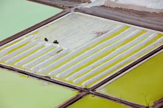An aerial view of the brine pools and processing areas of the Soquimich lithium mine on the Atacama salt flat, the largest lithium deposit currently in production, in the Atacama desert of northern Chile, January 10, 2013.