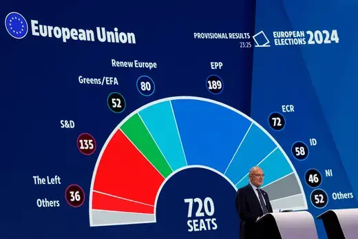 The first provisional results for the European Parliament elections were announced at the European Parliament building in Brussels, Belgium, on June 9, 2024. 