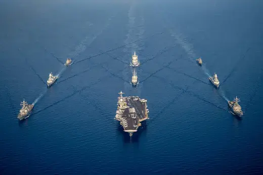 Ships from Standing NATO Maritime Group 2 sail in formation in the Mediterranean Sea.